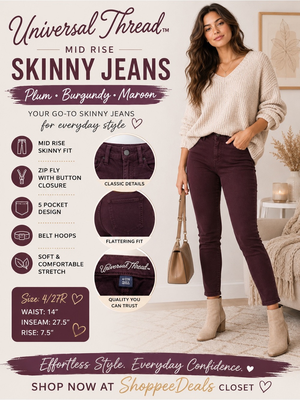 Universal Thread Mid Rise Skinny Jeans Plum Burgundy Maroon Size 4/27R